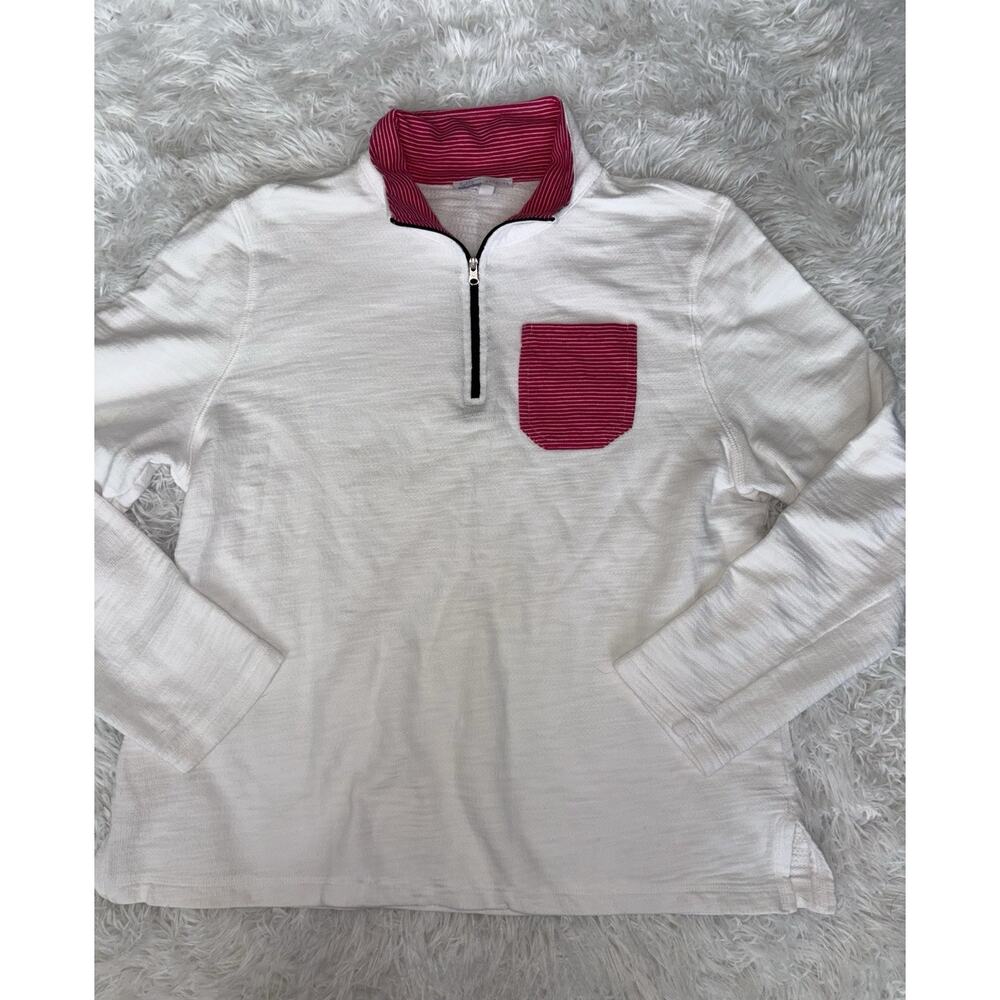 Talbots “Hello Saturday” Women’s L 1/4 Zip White W/pink Details Top. Exc. Cond